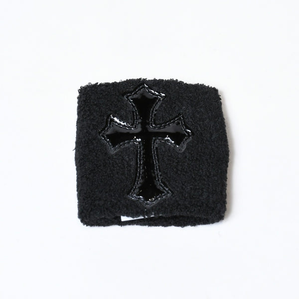 新品未使用 CHROME HEARTS クロムハーツ クロスパッチ リストバンド 二点セット ブレスレット パイル地 ブラック 中古 4b013627