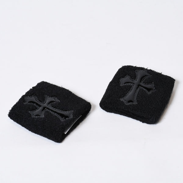 新品未使用 CHROME HEARTS クロムハーツ クロスパッチ リストバンド 二点セット ブレスレット パイル地 ブラック 中古 4b013627