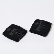 Load image into Gallery viewer, 新品未使用 CHROME HEARTS クロムハーツ クロスパッチ リストバンド 二点セット ブレスレット パイル地 ブラック 中古 4b013627