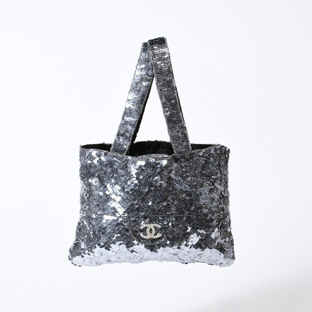 CHANEL シャネル スパンコール ハンドバッグ 5番台 ココマーク ラインストーン シルバー クリア シルバー金具 美品 中古 4b013564