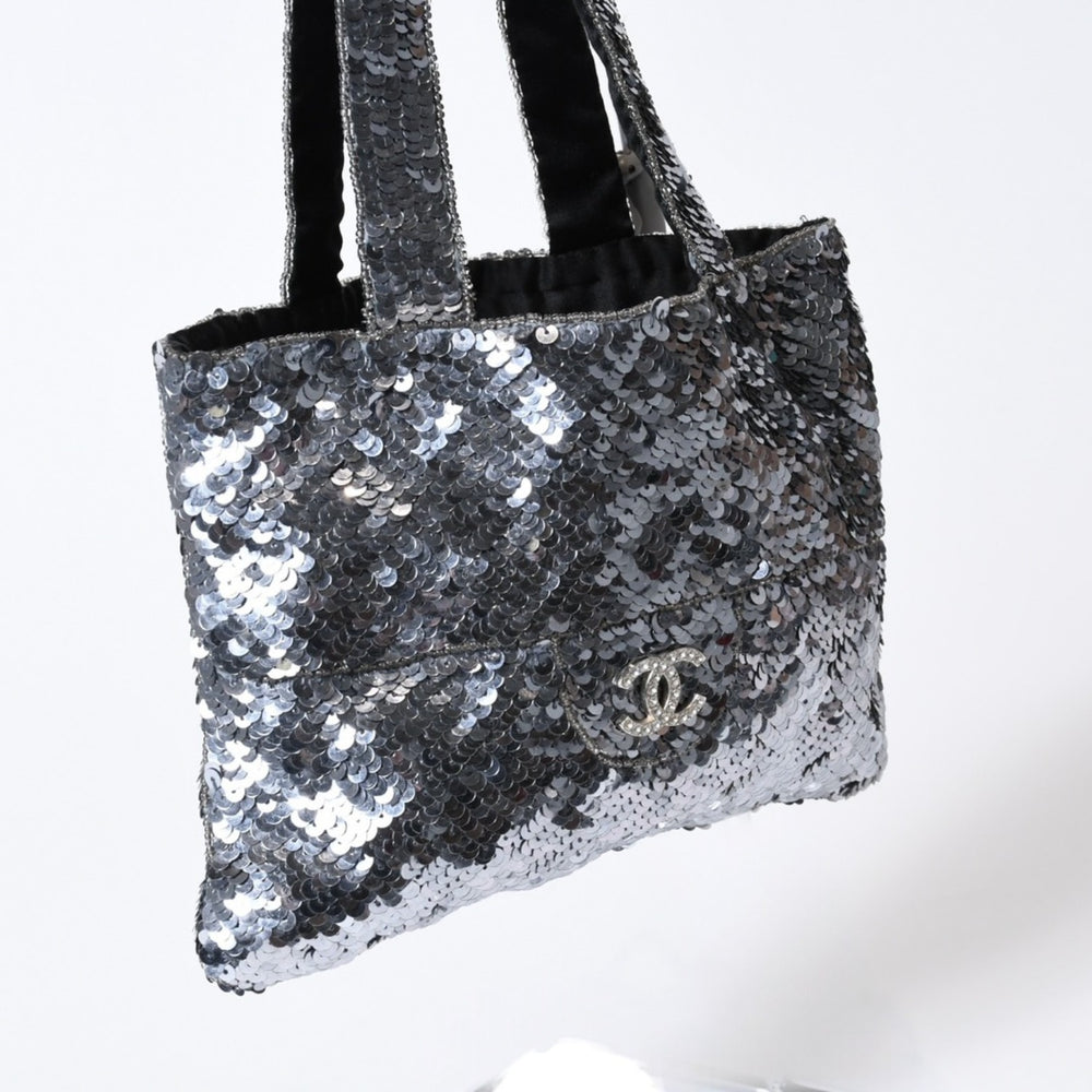 CHANEL シャネル スパンコール ハンドバッグ 5番台 ココマーク ラインストーン シルバー クリア シルバー金具 美品 中古 4b013564