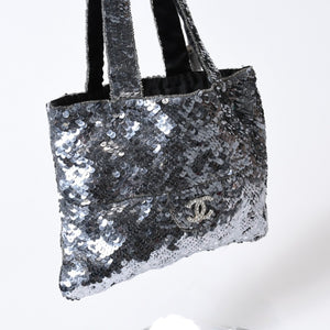 CHANEL シャネル スパンコール ハンドバッグ 5番台 ココマーク ラインストーン シルバー クリア シルバー金具 美品 中古 4b013564