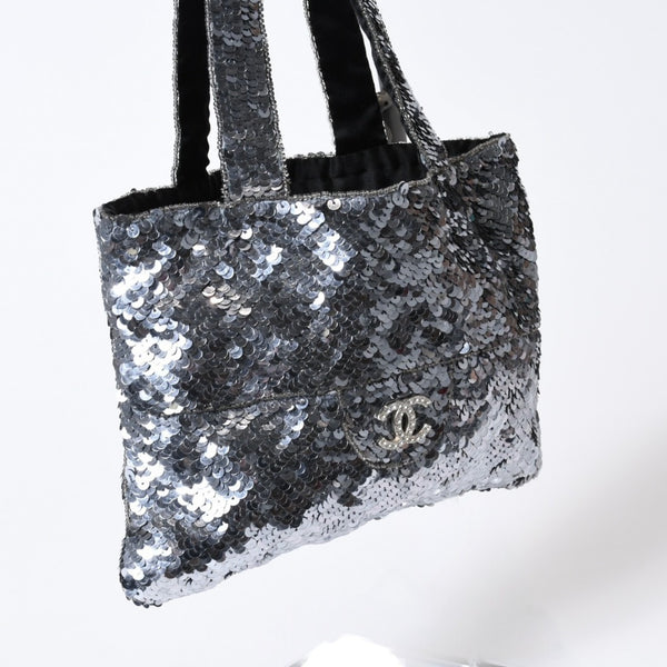 CHANEL シャネル スパンコール ハンドバッグ 5番台 ココマーク ラインストーン シルバー クリア シルバー金具 美品 中古 4b013564