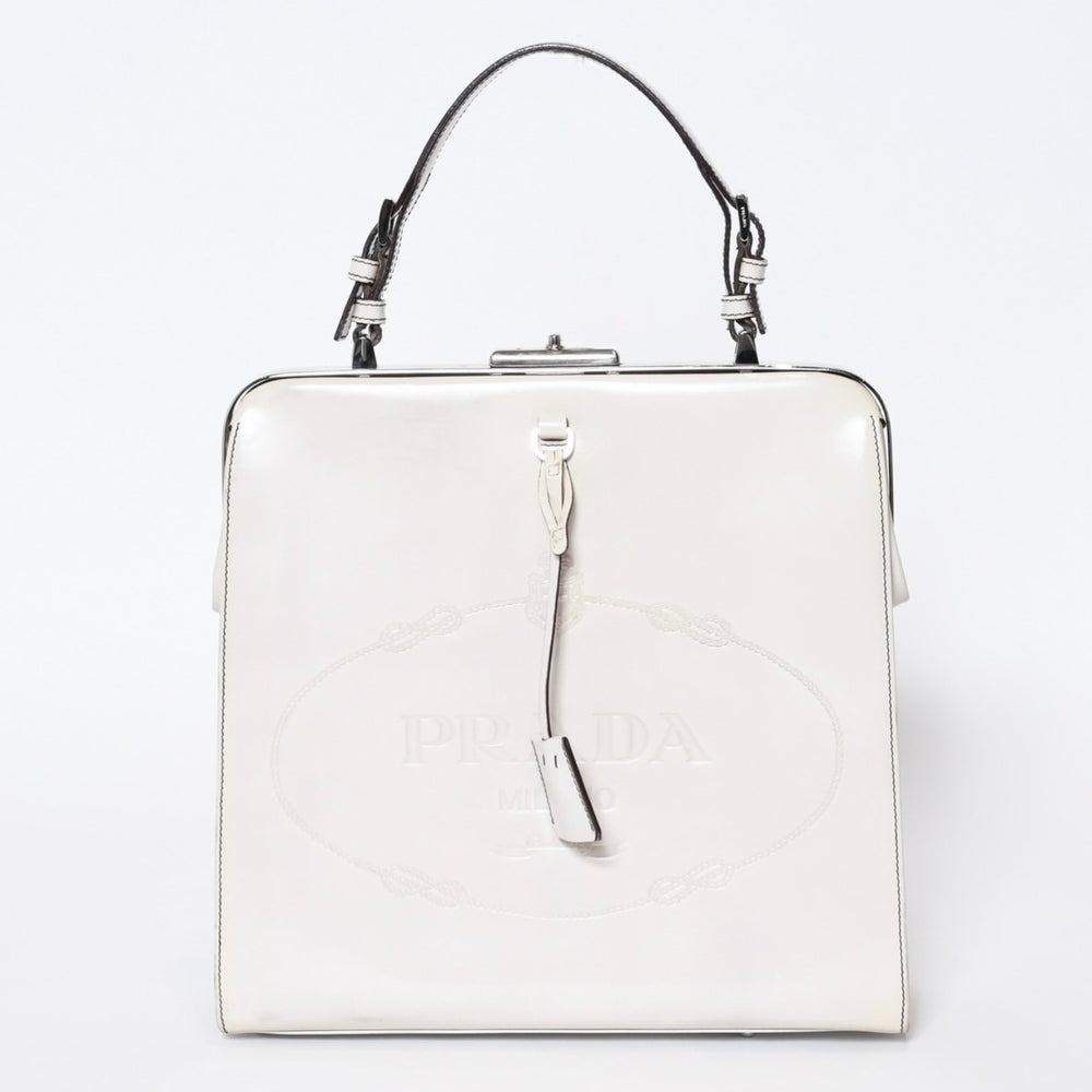PRADA プラダ エンボスロゴ ハンドバッグ BN1099 ホワイト パテントレザー エナメル シルバー金具 美品 中古 4b013411