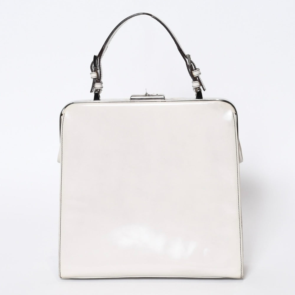 PRADA プラダ エンボスロゴ ハンドバッグ BN1099 ホワイト パテントレザー エナメル シルバー金具 美品 中古 4b013411