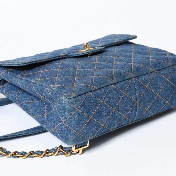 CHANEL シャネル マトラッセ デニムリュック バックパック ココマーク ステッチ キルティング ブルー ゴールド金具 美品 中古 4b013570