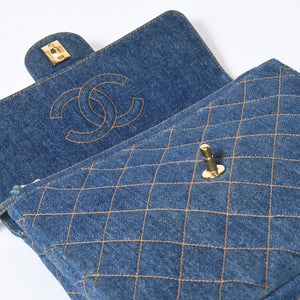 CHANEL シャネル マトラッセ デニムリュック バックパック ココマーク ステッチ キルティング ブルー ゴールド金具 美品 中古 4b013570