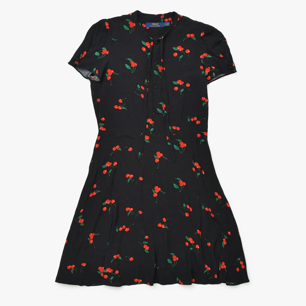 極美品 POLO RALPH LAUREN ポロ ラルフローレン ワンピース チェリープリント クレープ ドレス ブラック レッド グリーン サイズ0 中古 4b013835