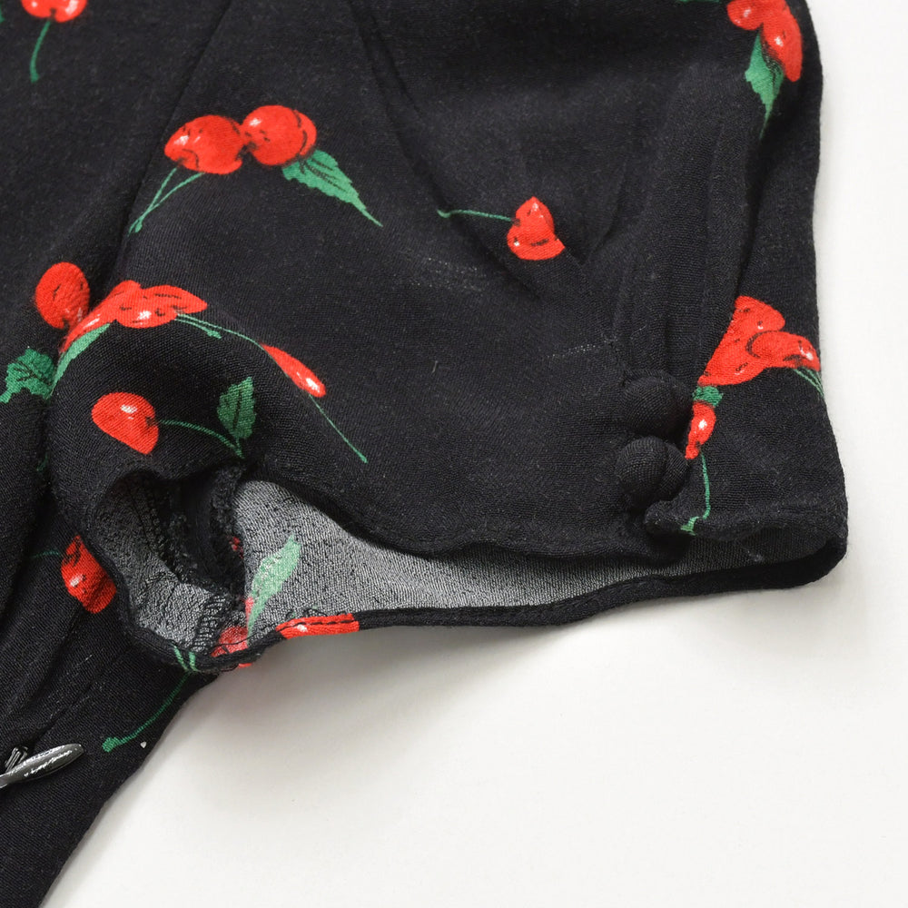 極美品 POLO RALPH LAUREN ポロ ラルフローレン ワンピース チェリープリント クレープ ドレス ブラック レッド グリーン サイズ0 中古 4b013835