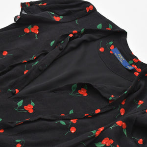 極美品 POLO RALPH LAUREN ポロ ラルフローレン ワンピース チェリープリント クレープ ドレス ブラック レッド グリーン サイズ0 中古 4b013835