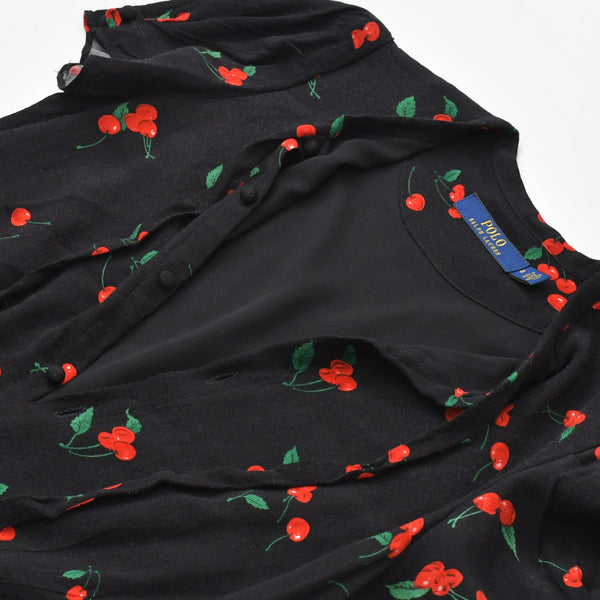 極美品 POLO RALPH LAUREN ポロ ラルフローレン ワンピース チェリープリント クレープ ドレス ブラック レッド グリーン サイズ0 中古 4b013835