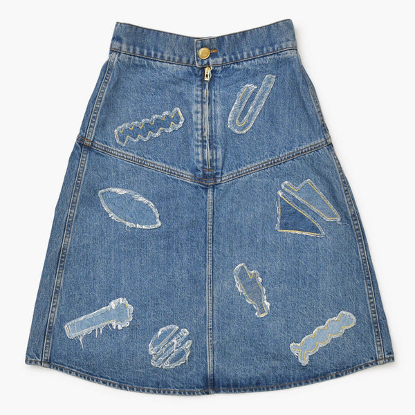 CHANEL シャネル 19SS デニムスカート P61825V47197 サイズ34 メティエダールコレクション ココマーク パッチワーク 美品 中古 4b013844