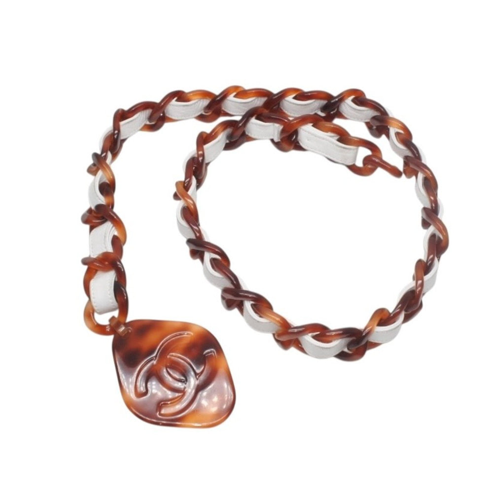 CHANEL plastic leather chain belt total length approx. 84.5cm here mark tortoiseshell pattern white brown good condition used 4b013296