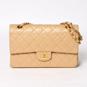 極美品 CHANEL シャネル マトラッセ25 Wフラップ Wチェーンショルダーバッグ ココマーク ラムスキン ベージュ ゴールド金具 中古 4b014138