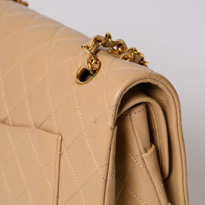 極美品 CHANEL シャネル マトラッセ25 Wフラップ Wチェーンショルダーバッグ ココマーク ラムスキン ベージュ ゴールド金具 中古 4b014138