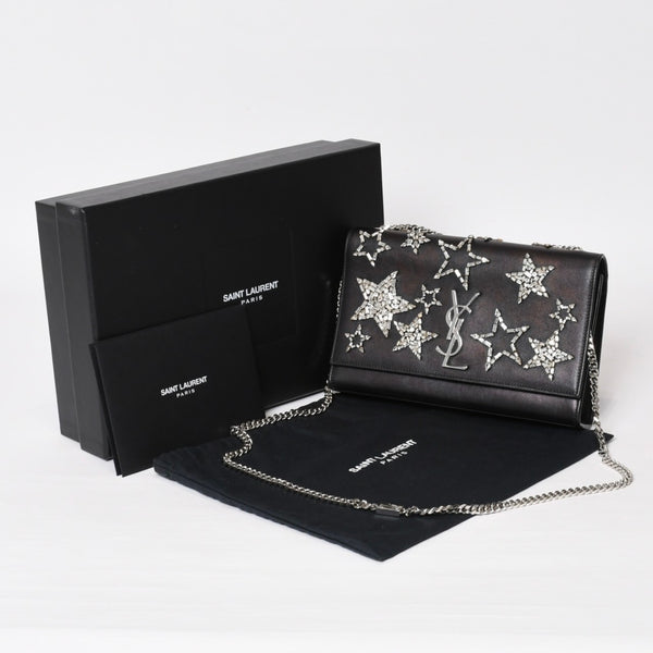 YVES SAINT LAURENT イヴ サンローラン ショルダーバッグ YSLロゴ スタースタッズ レザー ゴールド金具 ブラック 美品 中古 4b010416