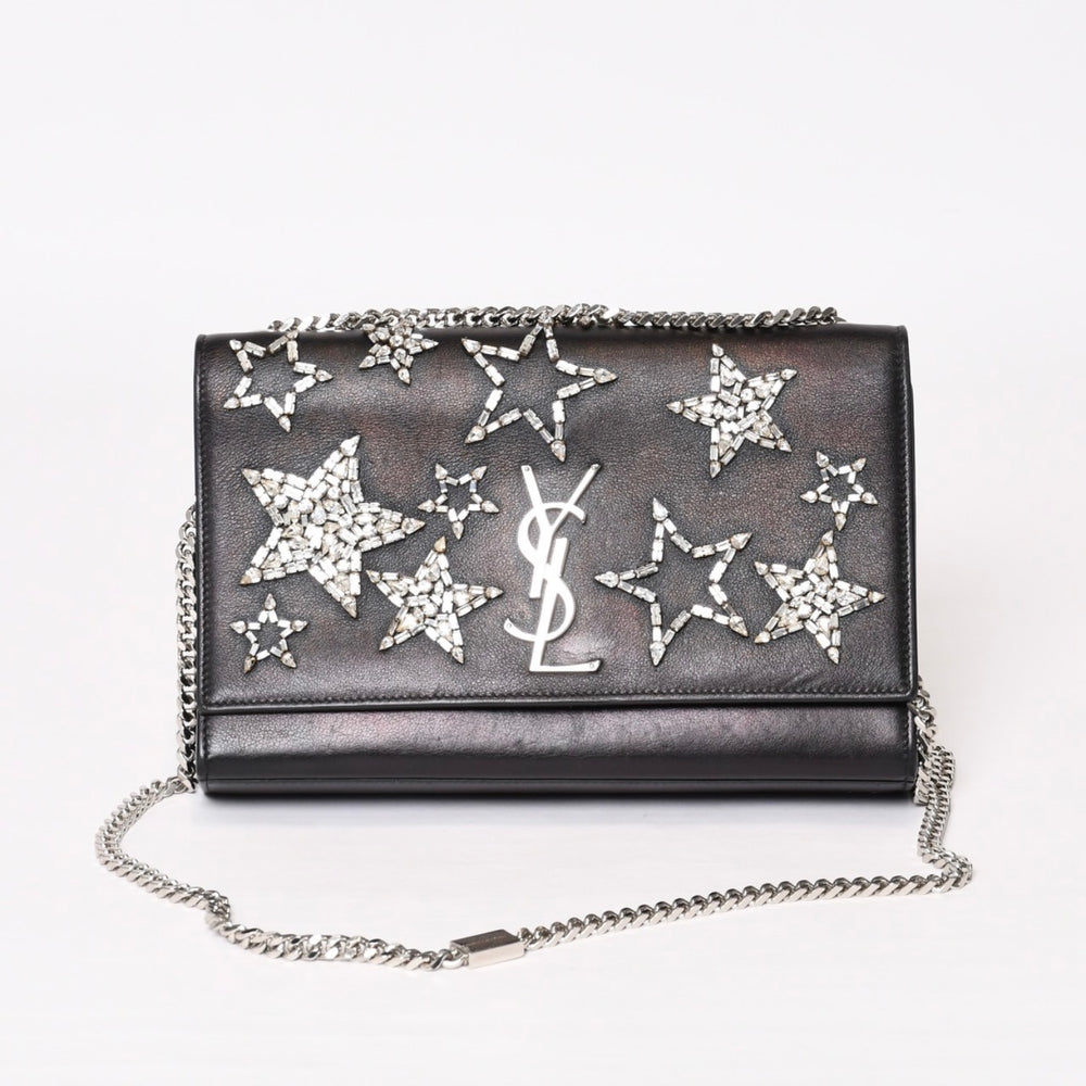 YVES SAINT LAURENT イヴ サンローラン ショルダーバッグ YSLロゴ スタースタッズ レザー ゴールド金具 ブラック 美品 中古 4b010416