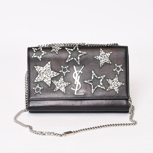 YVES SAINT LAURENT イヴ サンローラン ショルダーバッグ YSLロゴ スタースタッズ レザー ゴールド金具 ブラック 美品 中古 4b010416