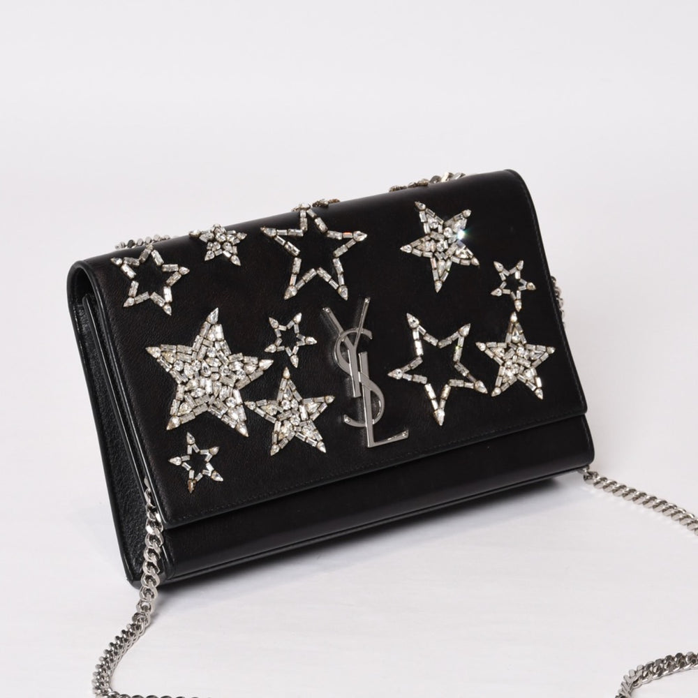 YVES SAINT LAURENT Yves Saint Laurent Shoulder Bag YSL Logo Star Studs Leather Gold Hardware Black Good Condition Used 4b010416