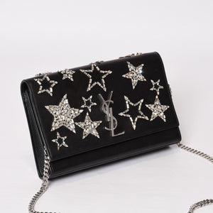 YVES SAINT LAURENT イヴ サンローラン ショルダーバッグ YSLロゴ スタースタッズ レザー ゴールド金具 ブラック 美品 中古 4b010416