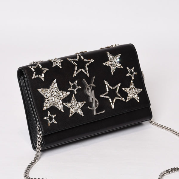 YVES SAINT LAURENT イヴ サンローラン ショルダーバッグ YSLロゴ スタースタッズ レザー ゴールド金具 ブラック 美品 中古 4b010416