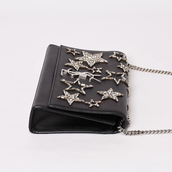 YVES SAINT LAURENT イヴ サンローラン ショルダーバッグ YSLロゴ スタースタッズ レザー ゴールド金具 ブラック 美品 中古 4b010416