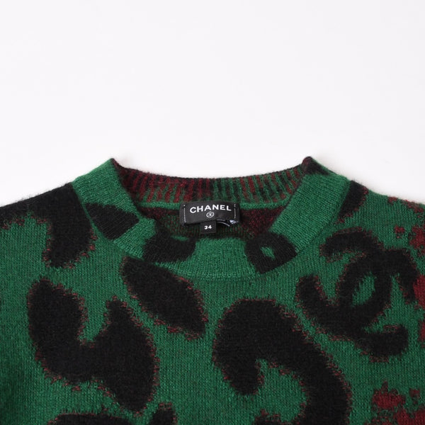 極美品 CHANEL シャネル ニットセーター P75361K10782 サイズ34 ココマーク レオパード グリーン カシミヤ モヘア ウール 中古 4b014078
