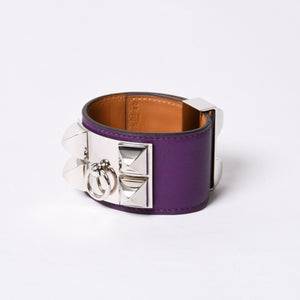 極美品 HERMES エルメス Collier de Chien コリエ ド シアン ブレスレット 重量約102.81g サイズS □P刻印 レザー パープル シルバー 中古 4b014190