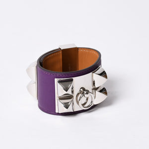極美品 HERMES エルメス Collier de Chien コリエ ド シアン ブレスレット 重量約102.81g サイズS □P刻印 レザー パープル シルバー 中古 4b014190