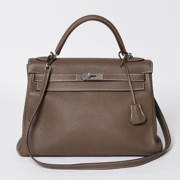 極美品 HERMES エルメス ケリー32 内縫い エトープ □R刻印 トリヨンクレマンス シルバー金具 ハンドバッグ 2WAY 中古 4b014157