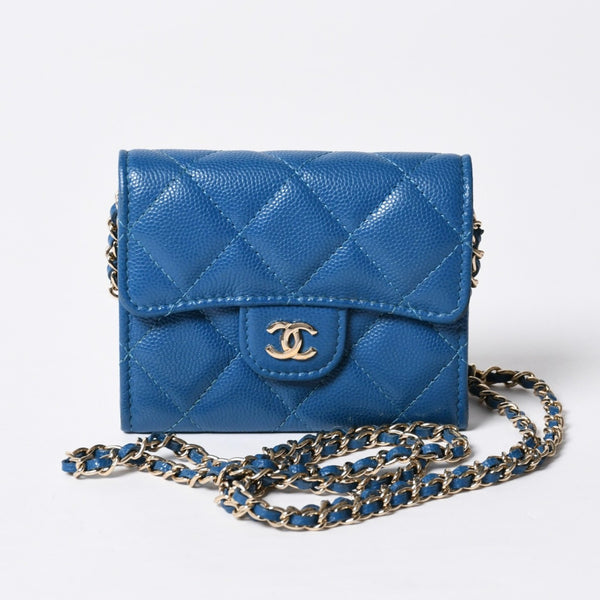 CHANEL シャネル チェーンウォレット コインケース AP0238 30番台 ココマーク キャビアスキン ブルー 美品 中古 4b014174