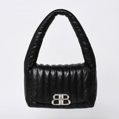 Very Good Condition BALENCIAGA Monaco Shoulder Bag 787896 2AA7Z Black Silver Hardware Calfskin Used 4a000048