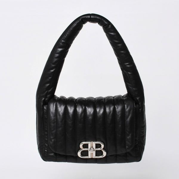 Very Good Condition BALENCIAGA Monaco Shoulder Bag 787896 2AA7Z Black Silver Hardware Calfskin Used 4a000048