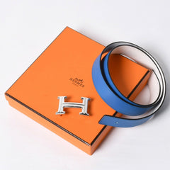HERMES エルメス ベルト バックル Hロゴ ダイヤ □O刻 リバーシブル ブルー ホワイト サイズ90 シルバー金具 美品 中古 4b014028
