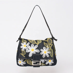 Very Good Condition FENDI Flower Denim Mamma Bucket Embroidery Embroidery Navy Silver Hardware 2384-26335-008 Used 4b012491