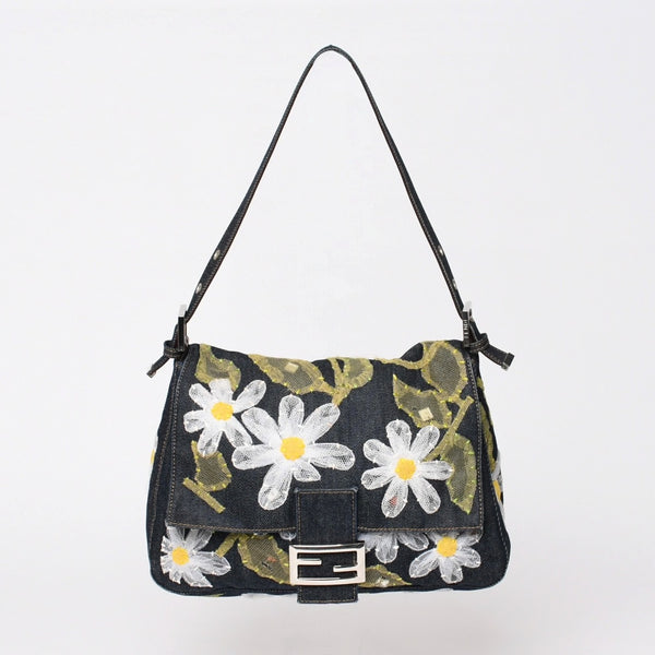 Very Good Condition FENDI Flower Denim Mamma Bucket Embroidery Embroidery Navy Silver Hardware 2384-26335-008 Used 4b012491