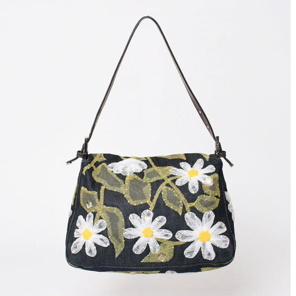 Very Good Condition FENDI Flower Denim Mamma Bucket Embroidery Embroidery Navy Silver Hardware 2384-26335-008 Used 4b012491