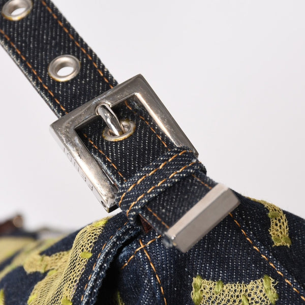 Very Good Condition FENDI Flower Denim Mamma Bucket Embroidery Embroidery Navy Silver Hardware 2384-26335-008 Used 4b012491