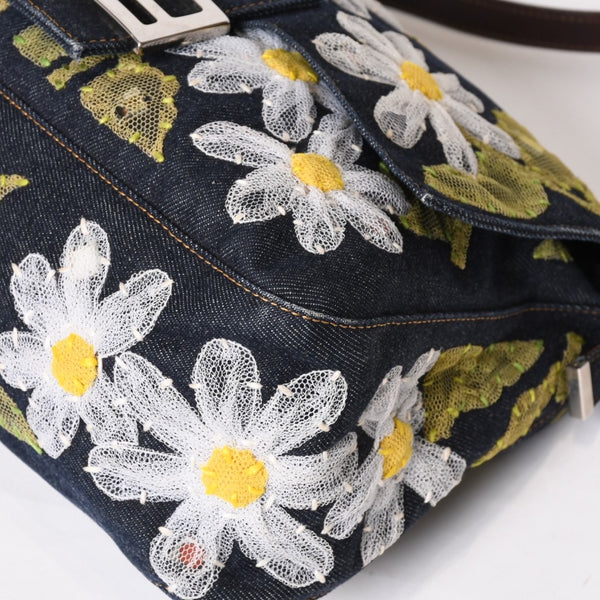 Very Good Condition FENDI Flower Denim Mamma Bucket Embroidery Embroidery Navy Silver Hardware 2384-26335-008 Used 4b012491