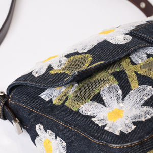 Very Good Condition FENDI Flower Denim Mamma Bucket Embroidery Embroidery Navy Silver Hardware 2384-26335-008 Used 4b012491