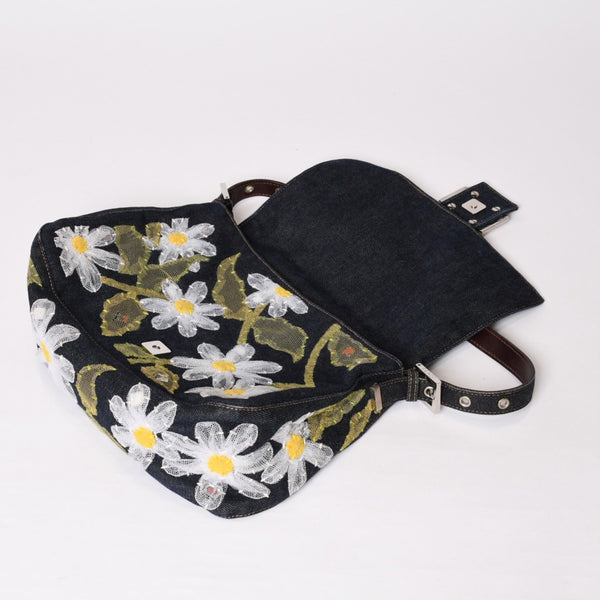 Very Good Condition FENDI Flower Denim Mamma Bucket Embroidery Embroidery Navy Silver Hardware 2384-26335-008 Used 4b012491