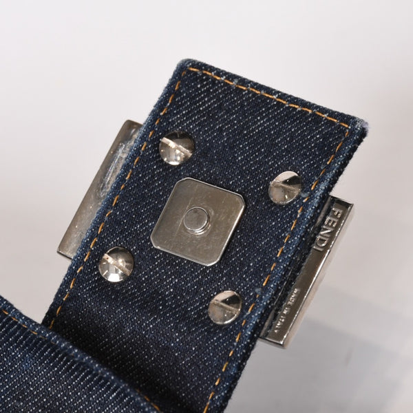 Very Good Condition FENDI Flower Denim Mamma Bucket Embroidery Embroidery Navy Silver Hardware 2384-26335-008 Used 4b012491