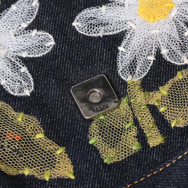 Very Good Condition FENDI Flower Denim Mamma Bucket Embroidery Embroidery Navy Silver Hardware 2384-26335-008 Used 4b012491
