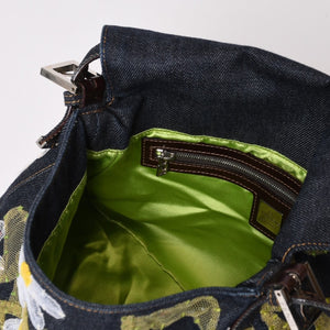 Very Good Condition FENDI Flower Denim Mamma Bucket Embroidery Embroidery Navy Silver Hardware 2384-26335-008 Used 4b012491
