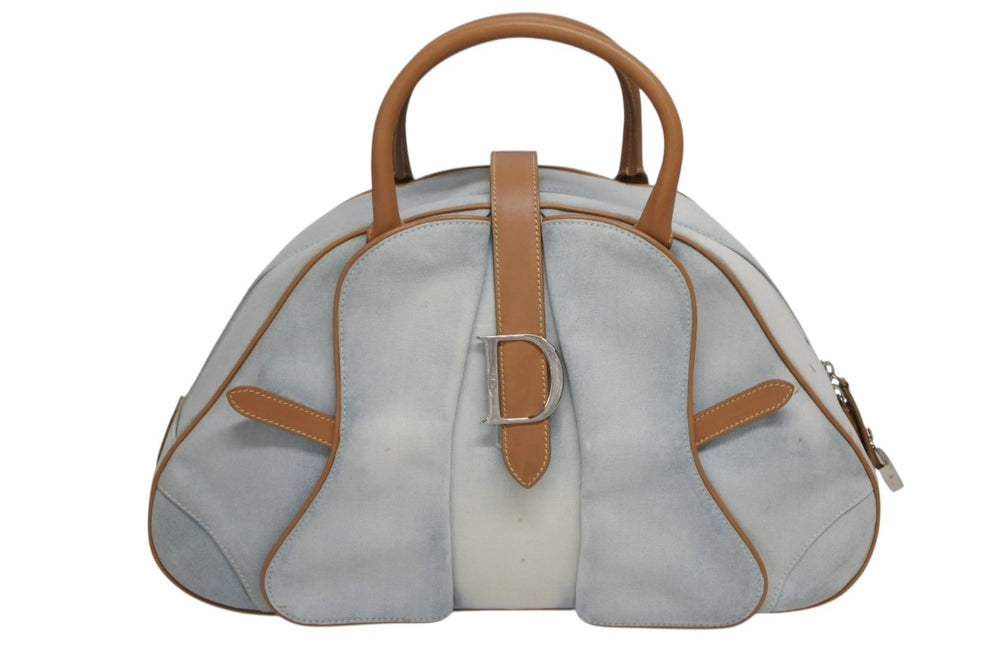 CHRISTIAN DIOR クリスチャンディオール ダブルサドルボウラーバッグ ハンドバッグ MA0031 デニム レザー ブルー ブラウン 美品 中古 4b010574