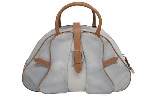 CHRISTIAN DIOR クリスチャンディオール ダブルサドルボウラーバッグ ハンドバッグ MA0031 デニム レザー ブルー ブラウン 美品 中古 4b010574