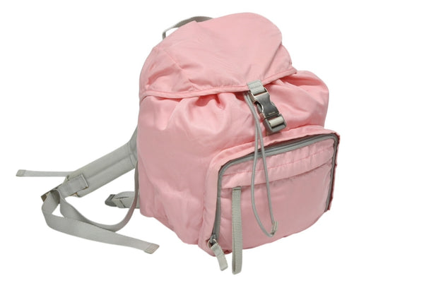 PRADA プラダ ナイロン トライアングルロゴ ロゴ金具 リュックサック ピンク グレー 美品 中古 4b010786
