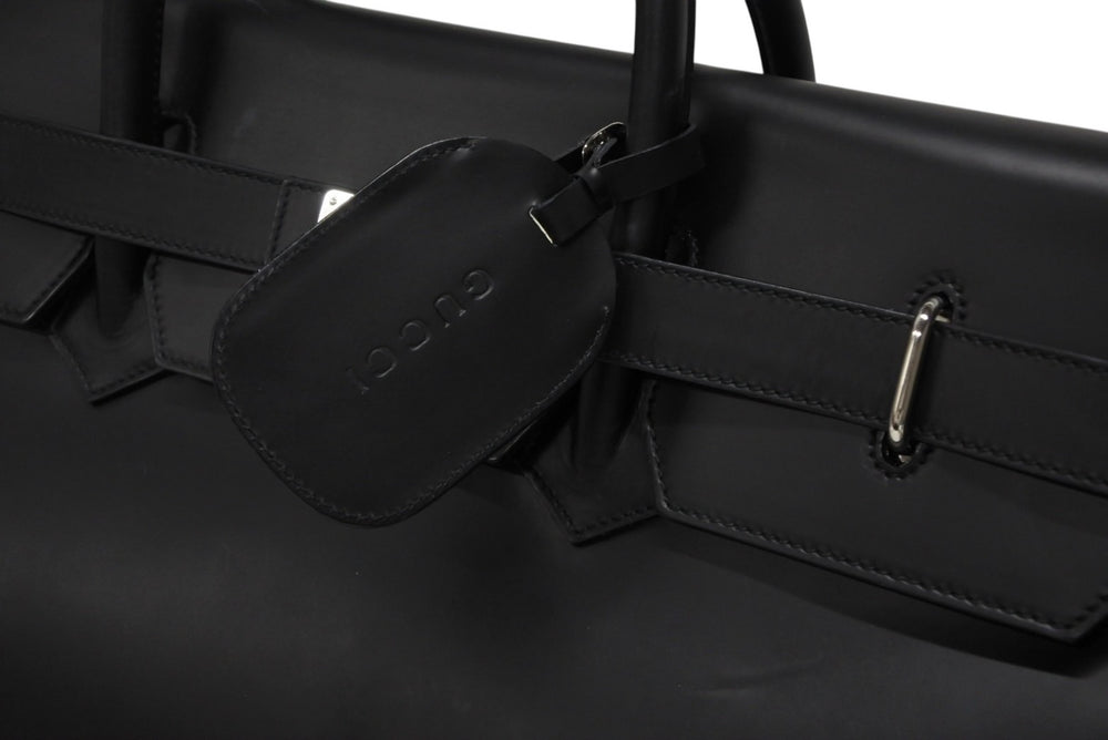 極美品 GUCCI グッチ ケリー型 ロゴ金具 ボストンバッグ 01221223312 カーフ メンズ レザー ブラック シルバー金具 中古 4b010992