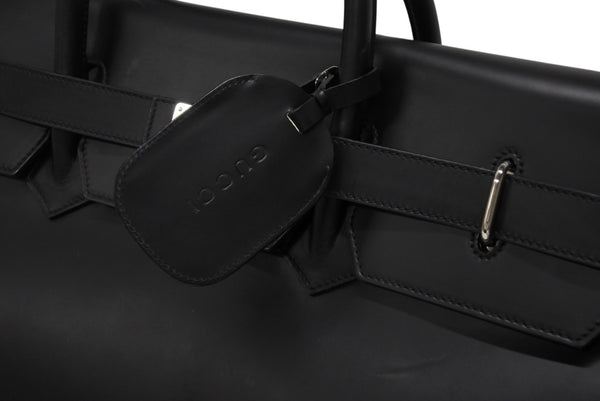 極美品 GUCCI グッチ ケリー型 ロゴ金具 ボストンバッグ 01221223312 カーフ メンズ レザー ブラック シルバー金具 中古 4b010992