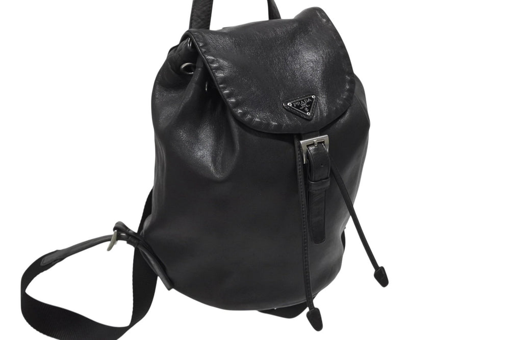 Very Good Condition PRADA Rucksack Daypack Triangle Plate Triangle Logo Made in Italy Black Silver Hardware Leather Used 4b011024